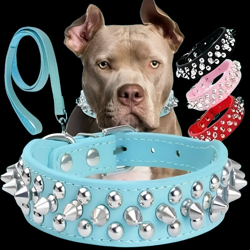The Stylish Spiked Leather Dog Collar and Leash Set Are Adjustable for a Secure Fit for Outdoor Walking and Training