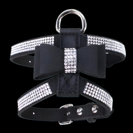 Luxury Velvet Leather Pet Harness with Rhinestone Butterfly Bow